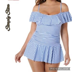 Simply Slim swim dress womens off shoulder ruffle blue gingham sz 2x